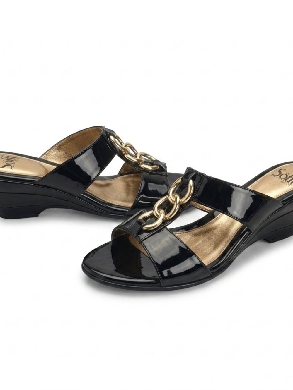 Like New Sofft Black Patent Leather Gold Ring Wedge Slide Sandals Size 8